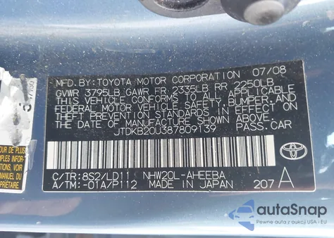 2008 Toyota Prius из США, поврежденный, VIN JTDKB20U387809139